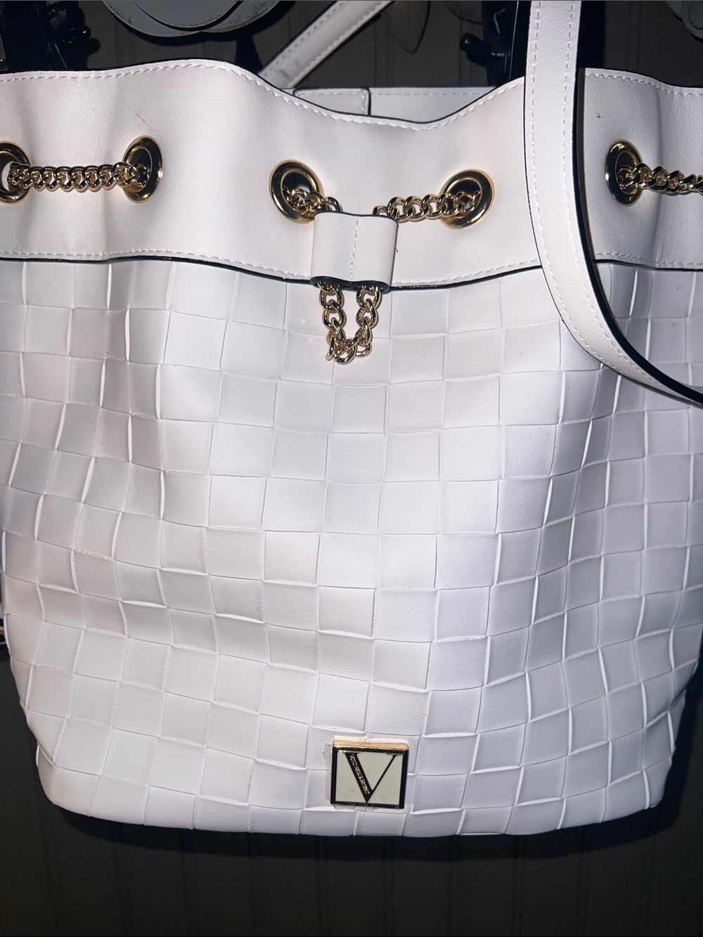 Victoria Secret White Woven Bucket Bag with Gold Chain Accents